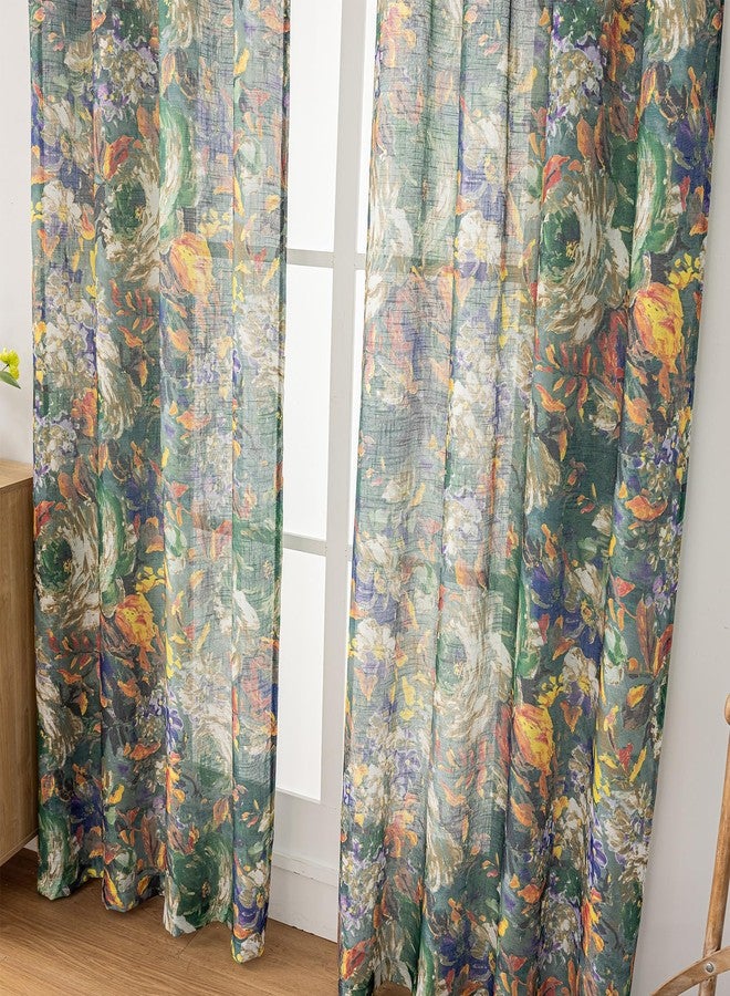 SUOUO Vintage Floral Semi-Sheer Curtains Linen Textured for Living Room Patterned Green Painting Flower 84 inches Long Rod Pocket Light Filtering Window Drapes for Bedroom Dining 2 Panels - Image 5
